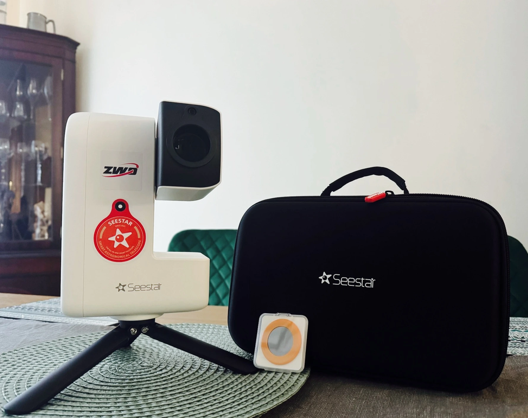 My SeeStar S30 plus included solar filter and carry case (I stuck some of the included stickers on the body, but it comes plain white).